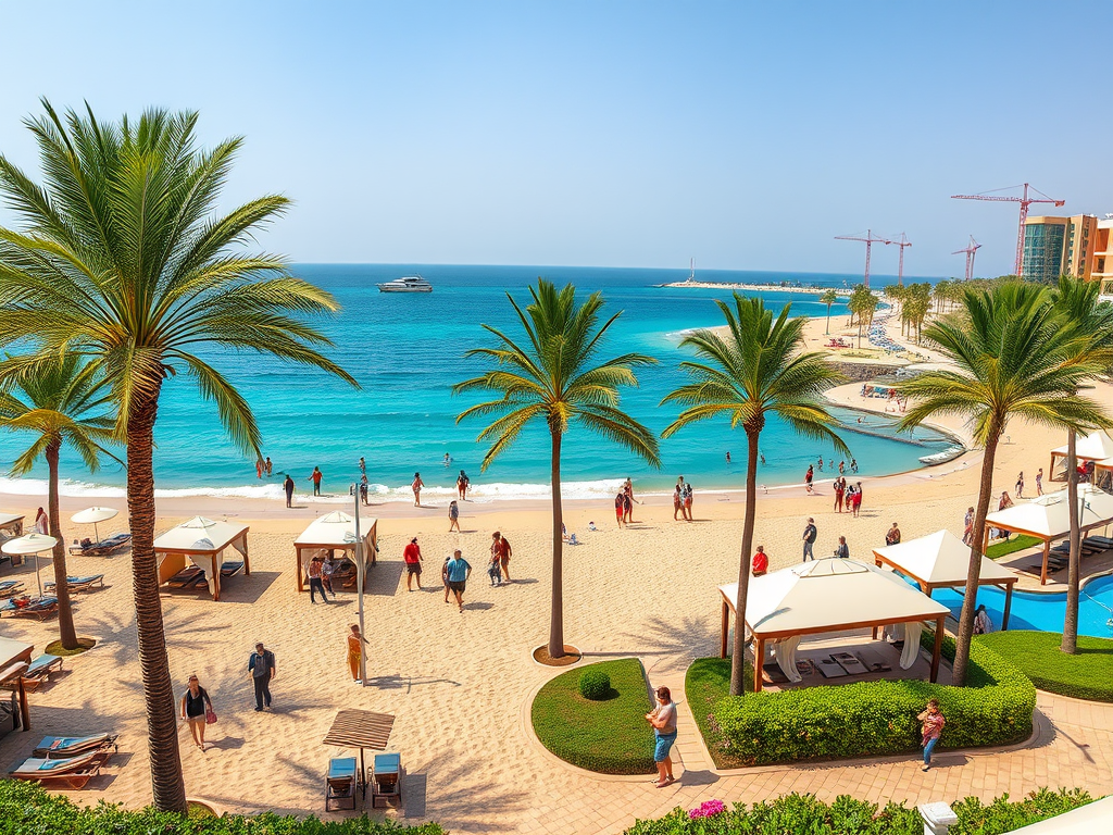 A sunny beach view with people walking, palm trees, and a blue sea, featuring luxurious cabanas and a yacht in the distance.