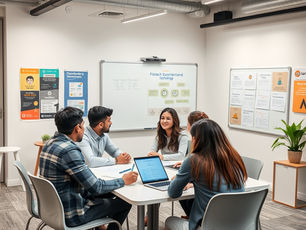 A group meeting in a bright room, discussing ideas with a laptop on the table and posters on the wall.