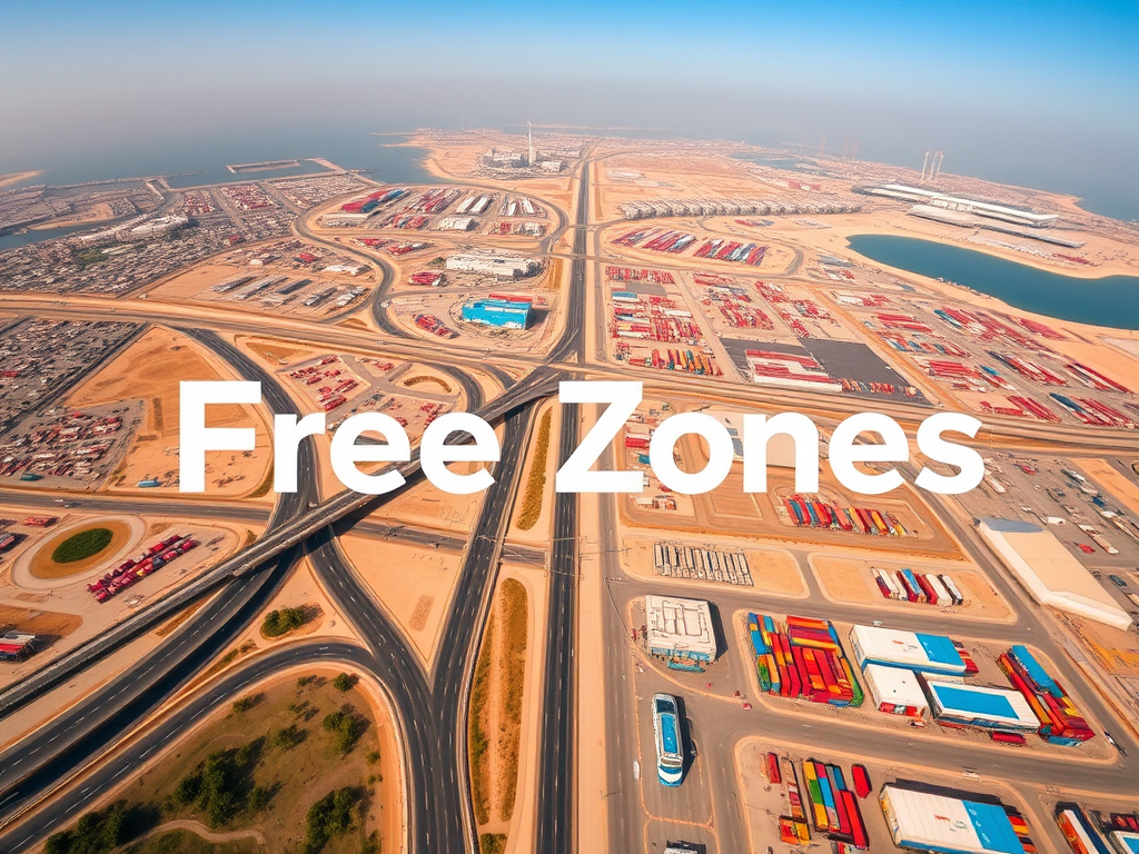 Aerial view of industrial areas with cargo containers and highways, labeled "Free Zones" in large letters.