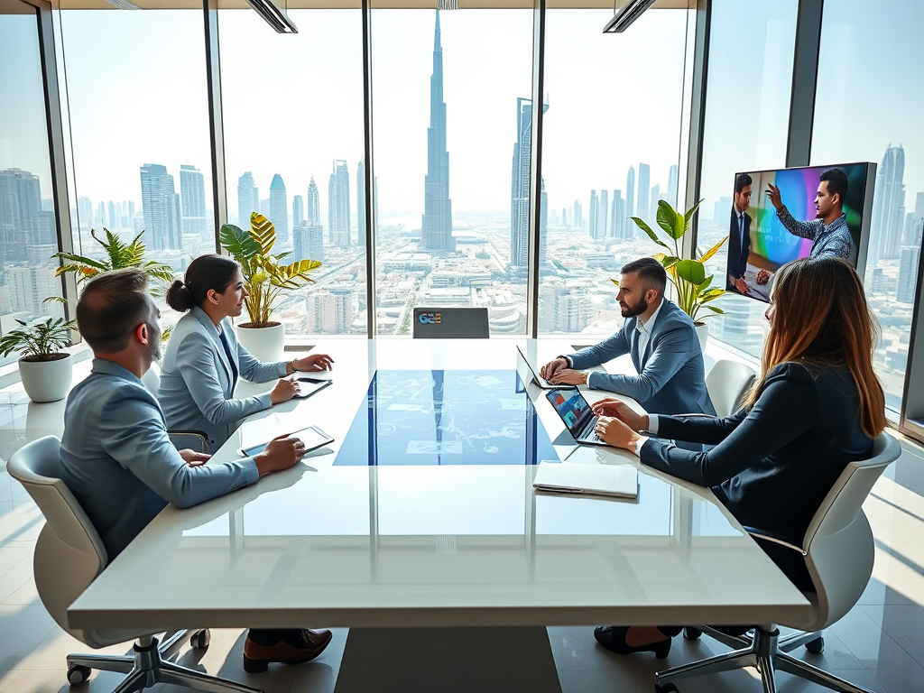 A business meeting in a skyscraper, showcasing a city view and a presentation on a screen.