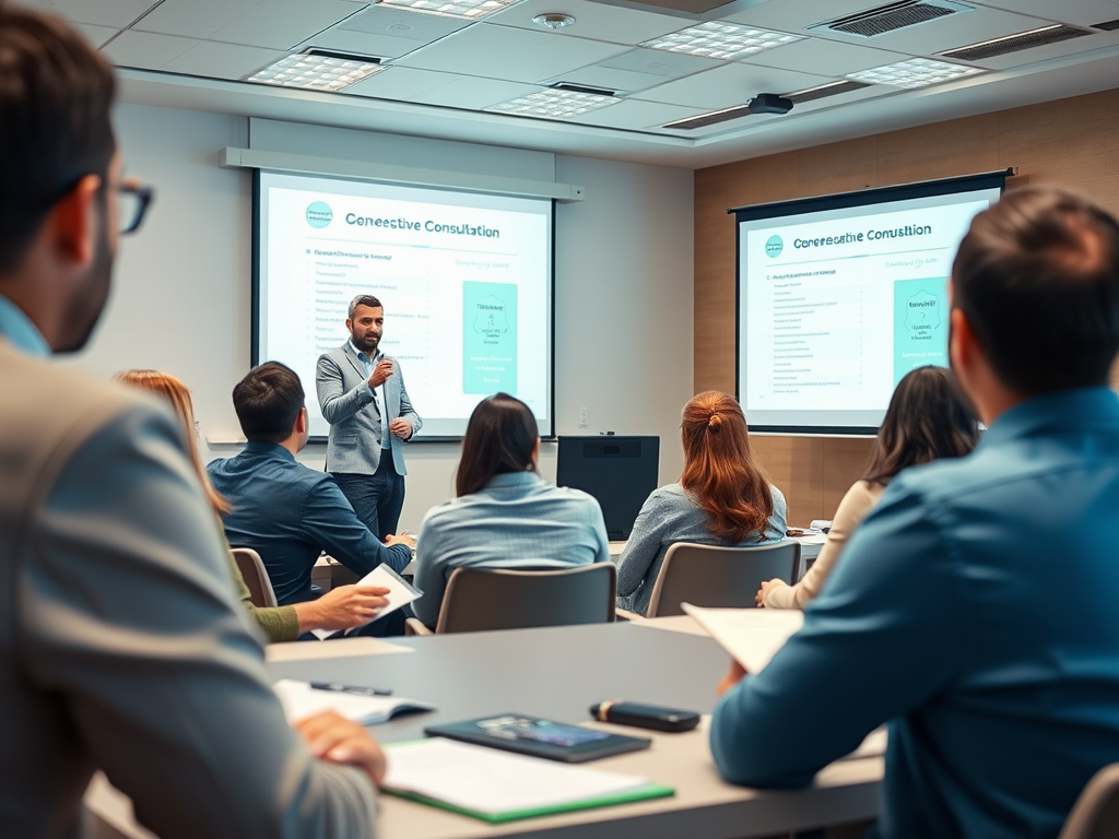 A presenter speaks to an audience in a modern conference room with a large screen displaying a presentation.