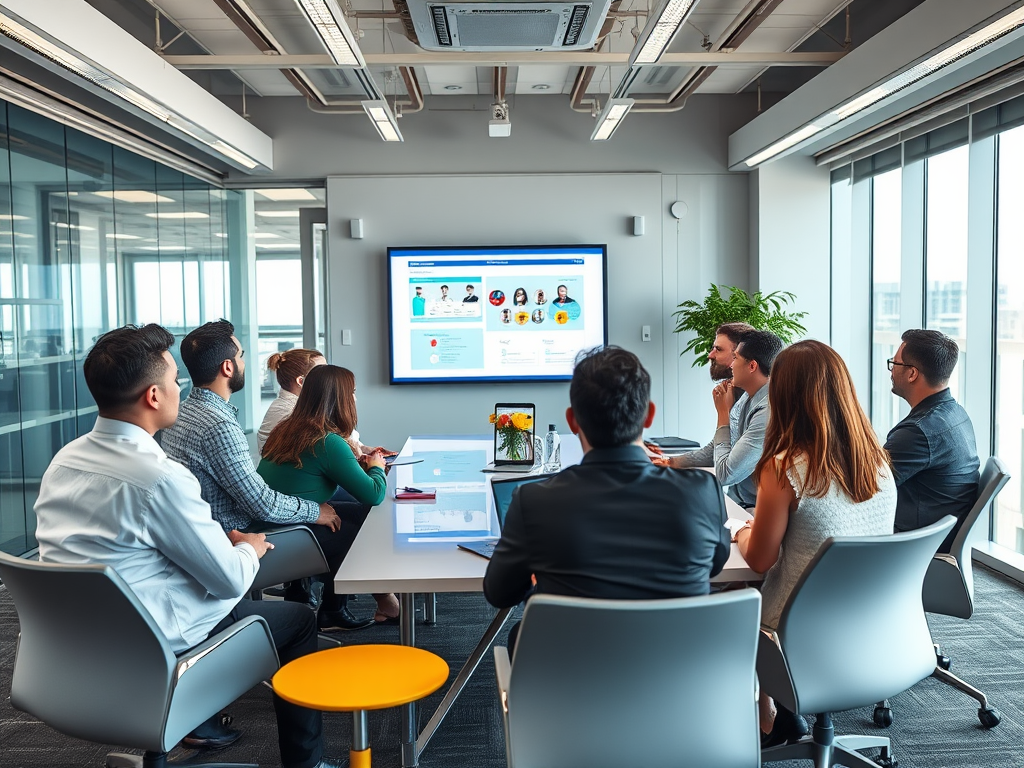 A group of professionals in a meeting room, discussing a presentation displayed on a screen.