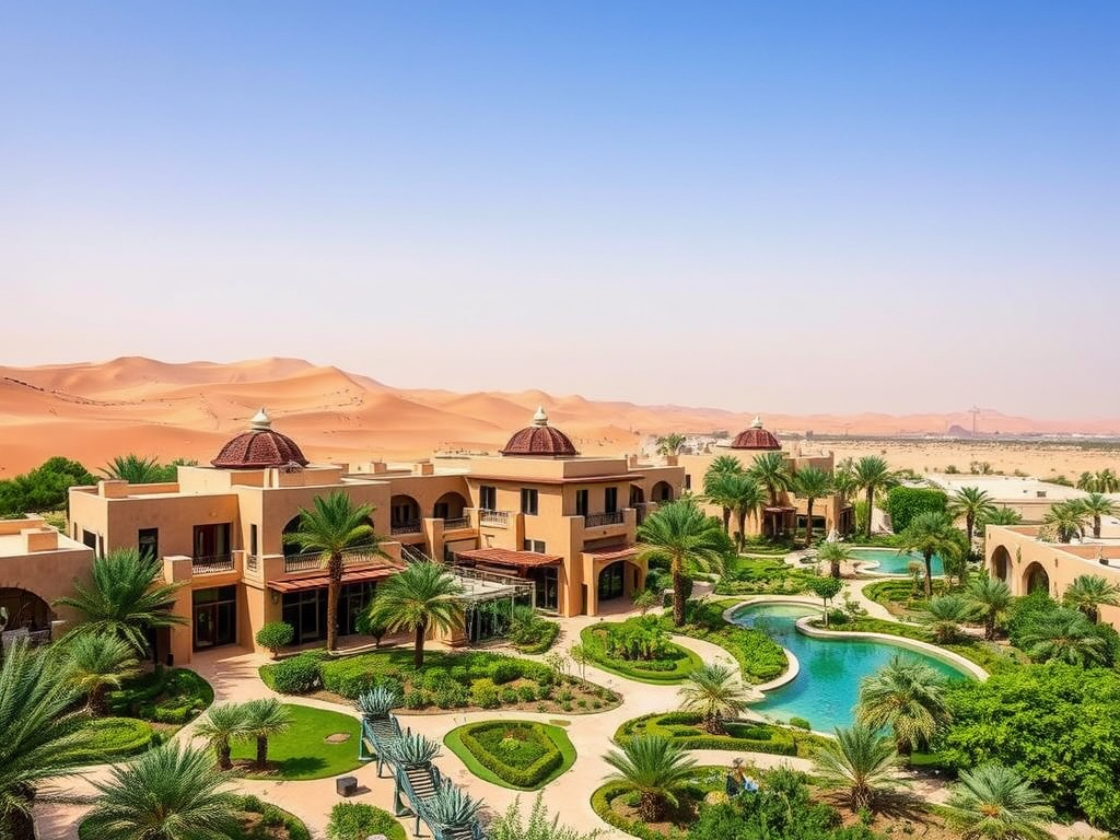 A luxury resort features lush gardens and a serene pool, set against golden sand dunes and a clear blue sky.