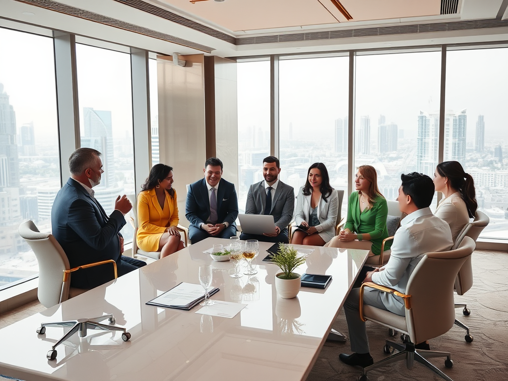 A diverse group of professionals in business attire engaged in a meeting around a conference table with a city view.