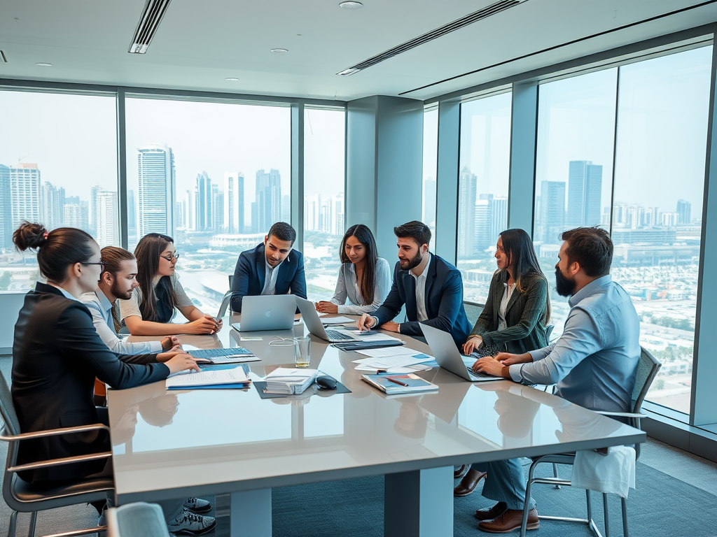 A diverse group of eight professionals engages in discussion around a conference table with laptops and documents.