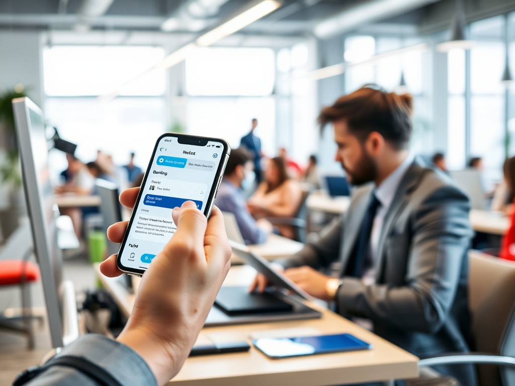 A person in a suit holds a smartphone showing an app in a busy office with others working in the background.