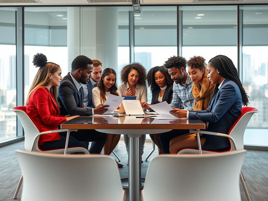 A diverse group of professionals collaborates around a table, reviewing documents in a modern office setting.