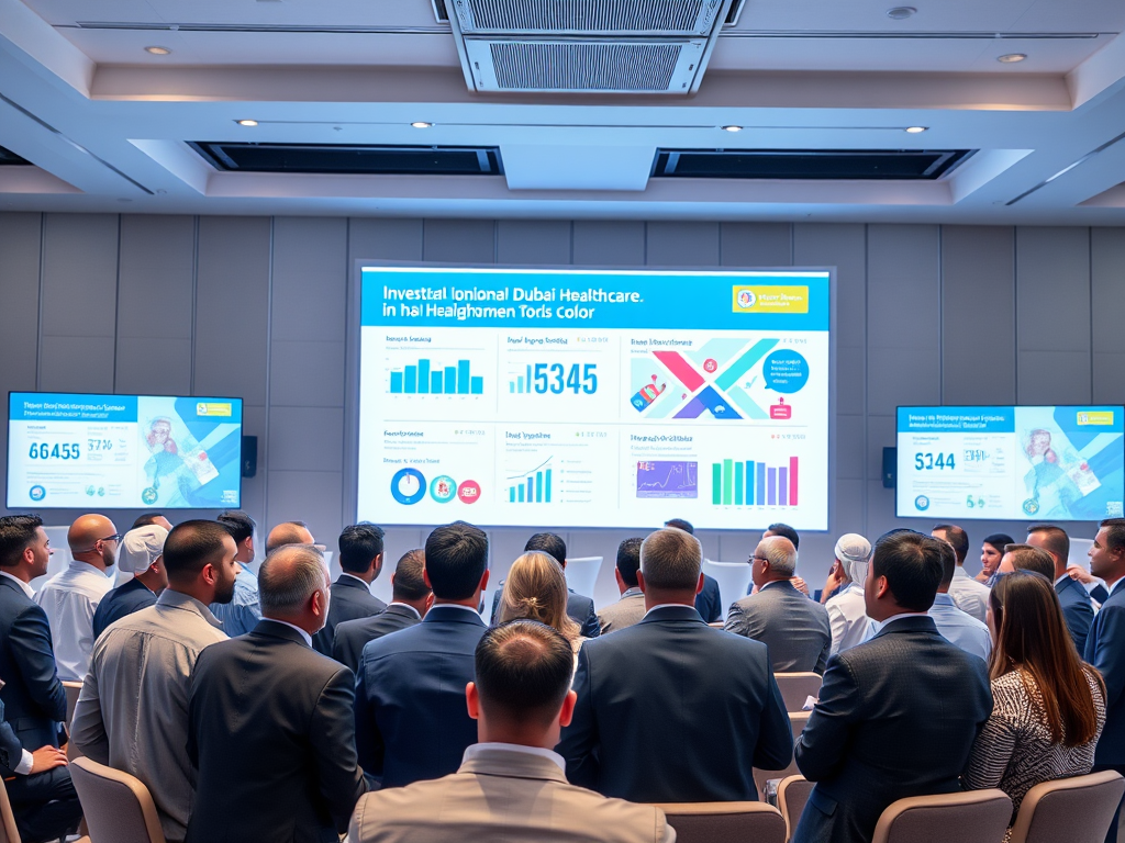 A group of attendees views a presentation about healthcare investment in Dubai, featuring various graphs and statistics.