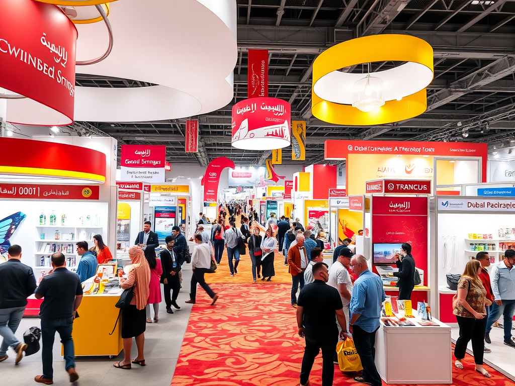 A busy exhibition hall filled with colorful booths and attendees exploring various displays.