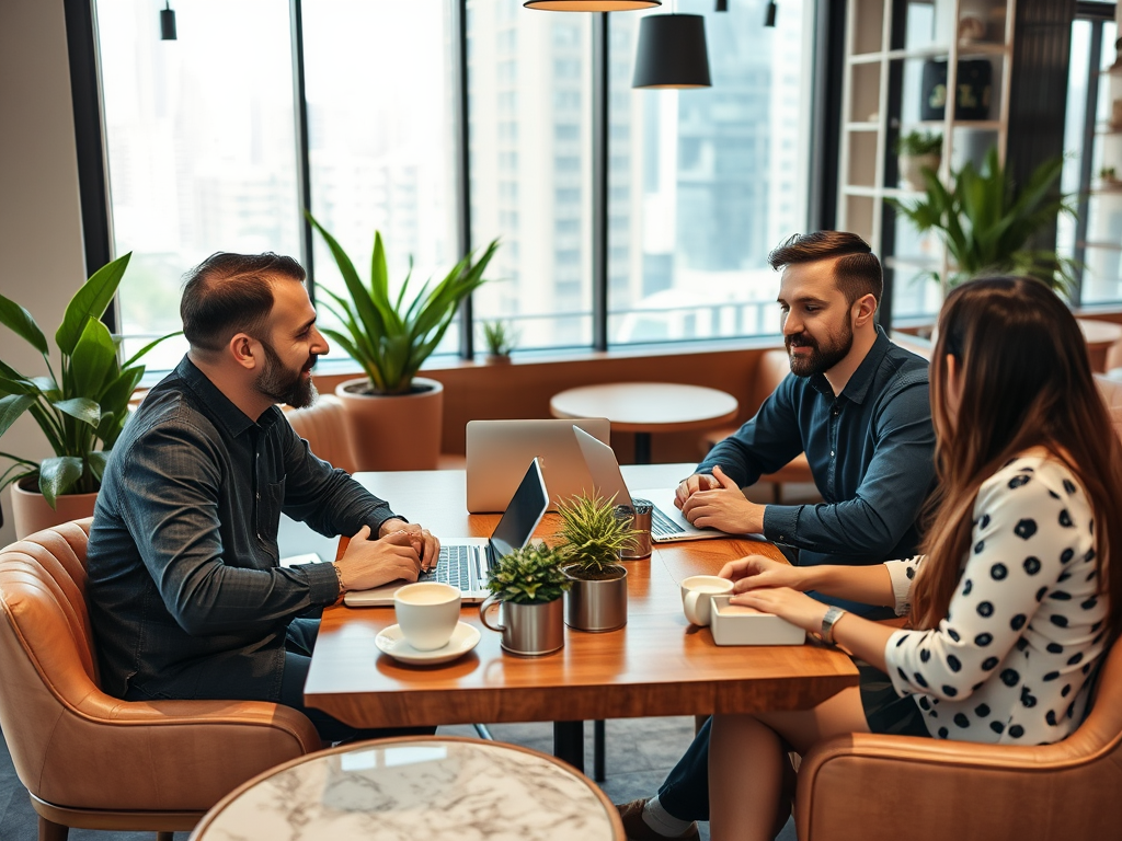 Three people are having a meeting in a modern café, engaged in discussion with laptops and drinks on the table.