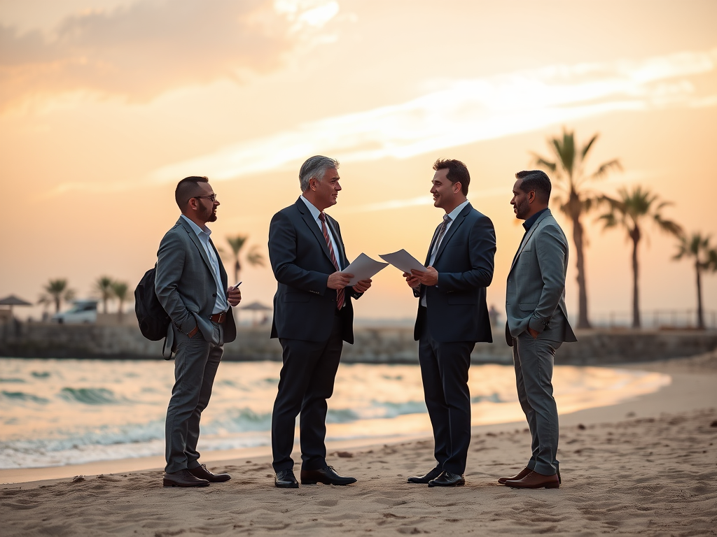 Four men in suits engage in a discussion on a beach at sunset, with palm trees and waves in the background.