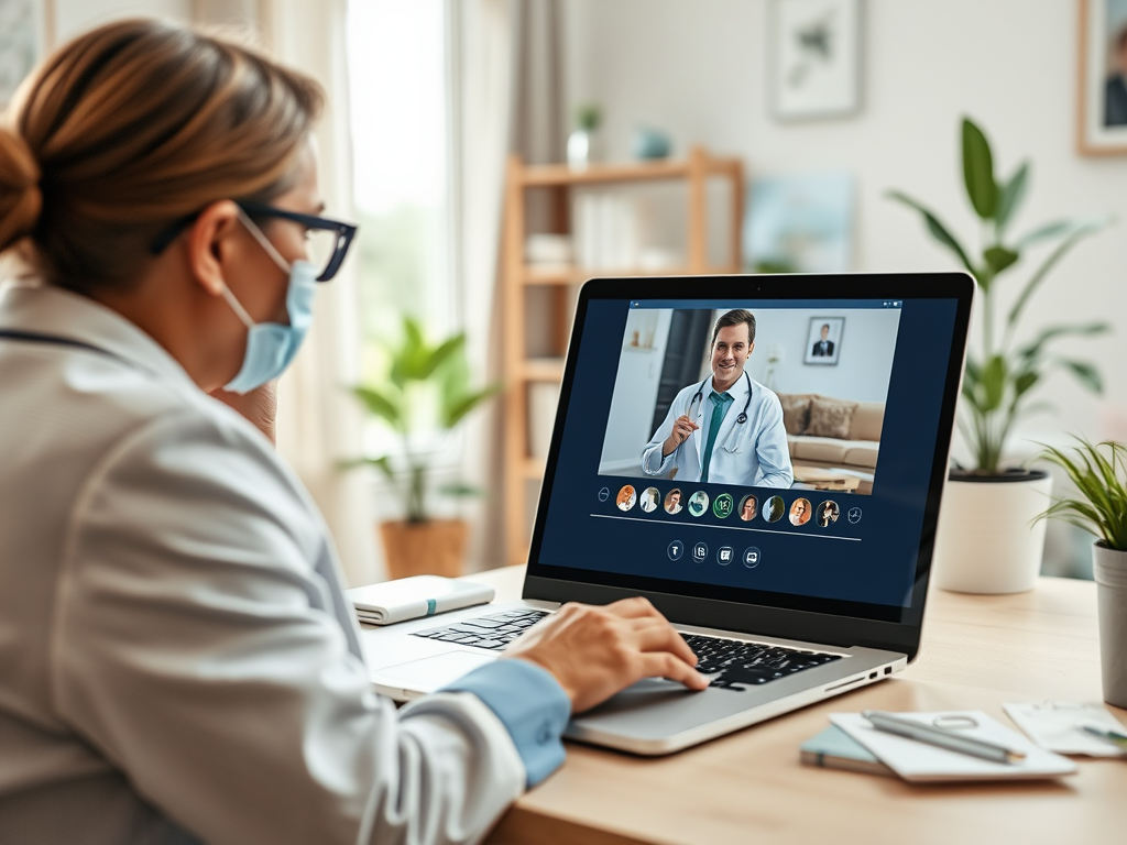 A woman in a mask consults a doctor via video call on her laptop in a well-lit room with plants.