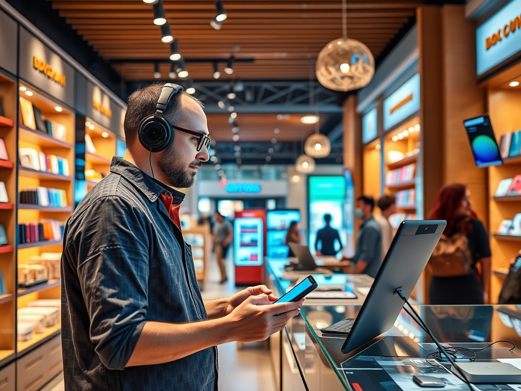 A man wearing headphones is browsing a smartphone in a tech store surrounded by merchandise and customers.