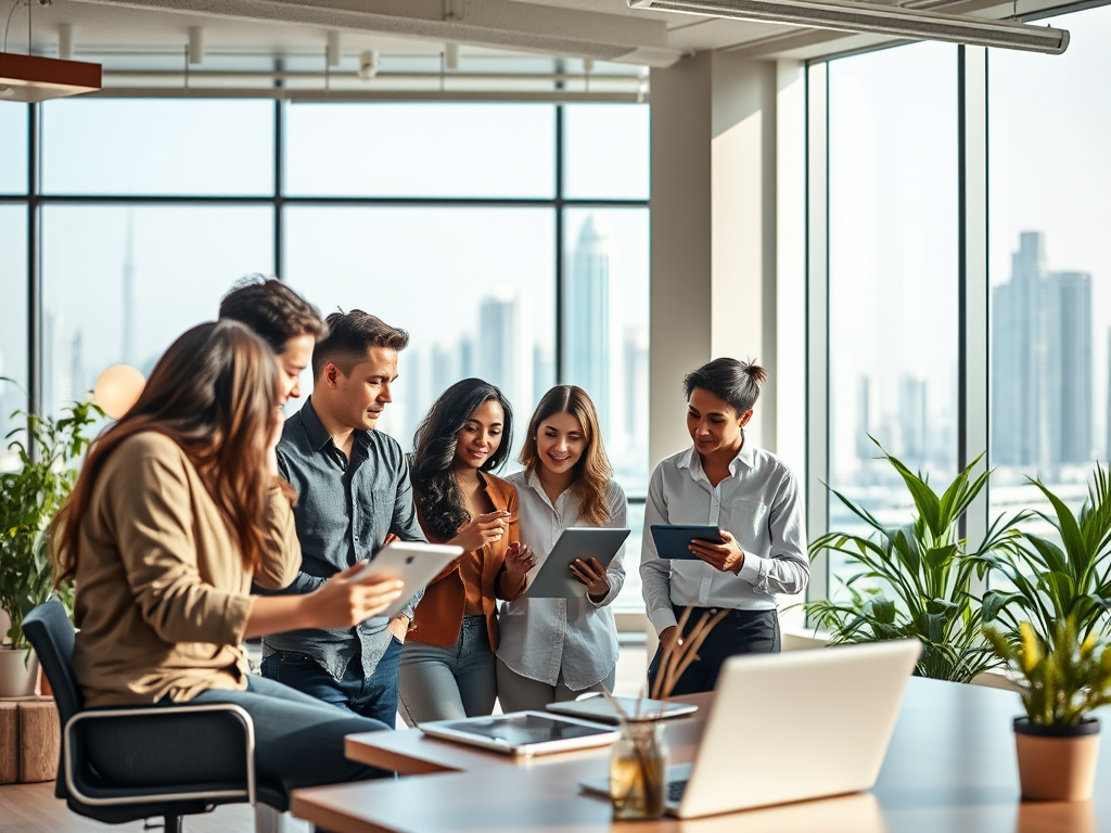 A diverse group of six people in a bright office, engaged with tablets and collaborating by a large window.